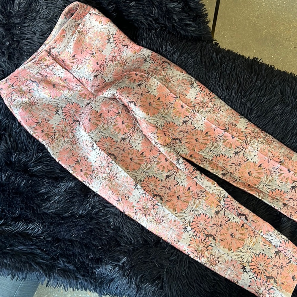 ASOS pink black and gold jacquard pants. Perfect for work or a spring brunch.